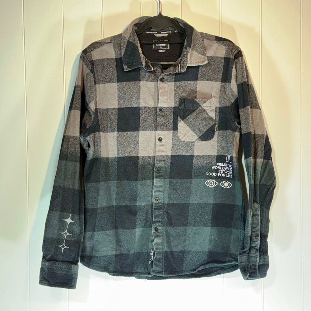 Primitive Skateboarding Men Grey Black Plaid Grim Reaper Flannel Shirt Medium